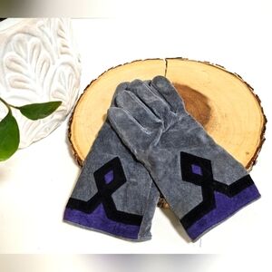 Dents Vintage Gray Suede Wool Lined Gloves Size L – Purple & Black Trim